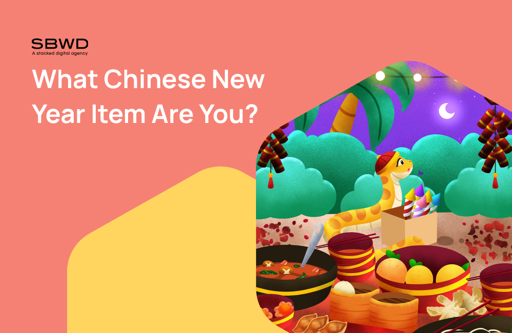 Colorful illustration featuring festive Chinese New Year items and a playful snake.