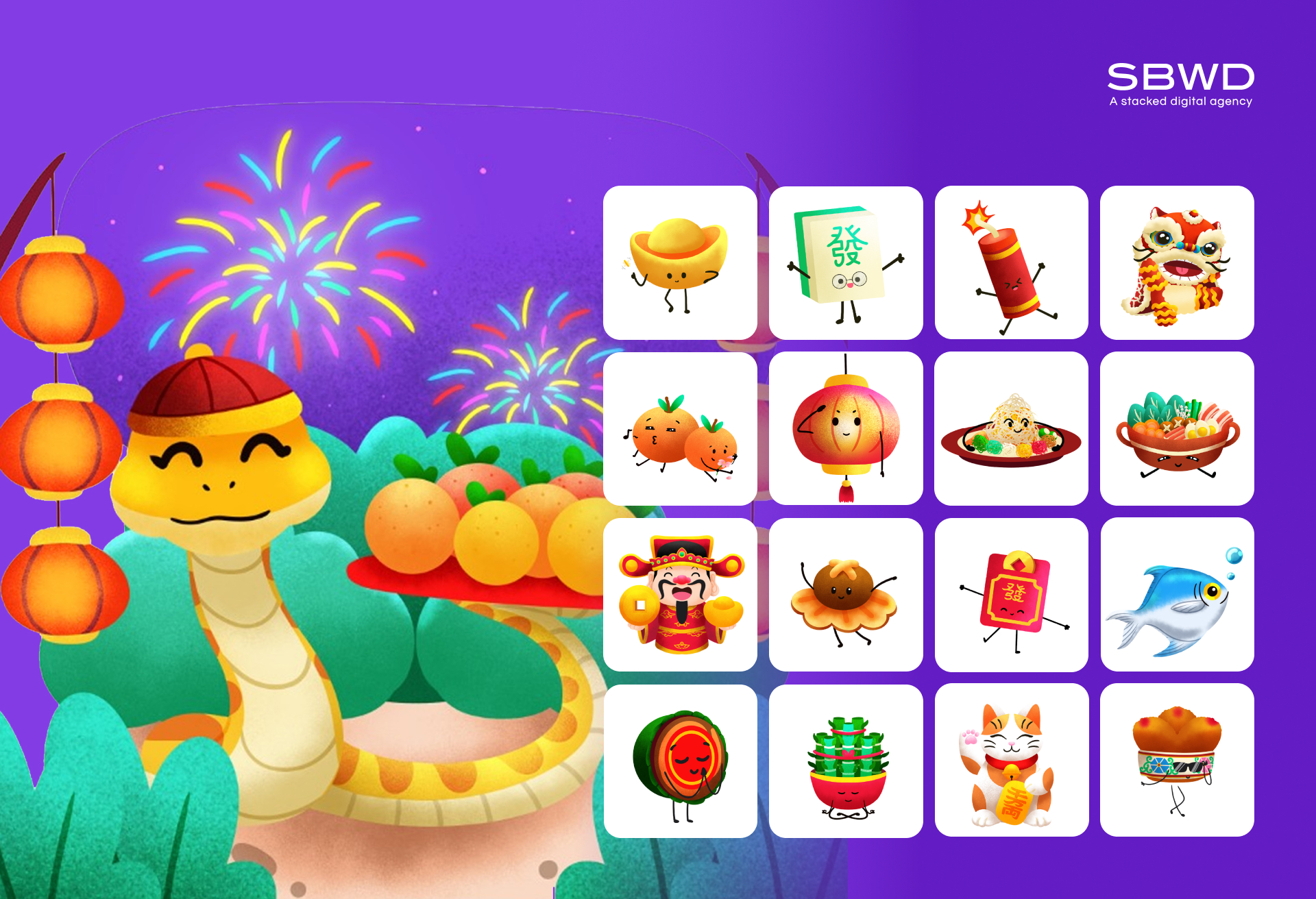 Colorful digital art featuring festive items and a happy snake with fireworks.