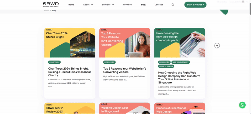 Web development blog page showcasing articles on design and digital strategy.