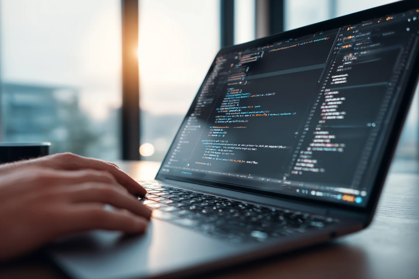 Developer typing HTML and CSS code on a laptop in a modern workspace