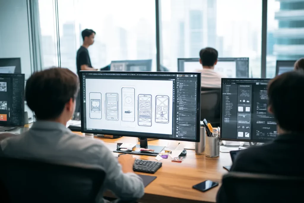 Web designers working on computer screens in a modern Singapore office.
