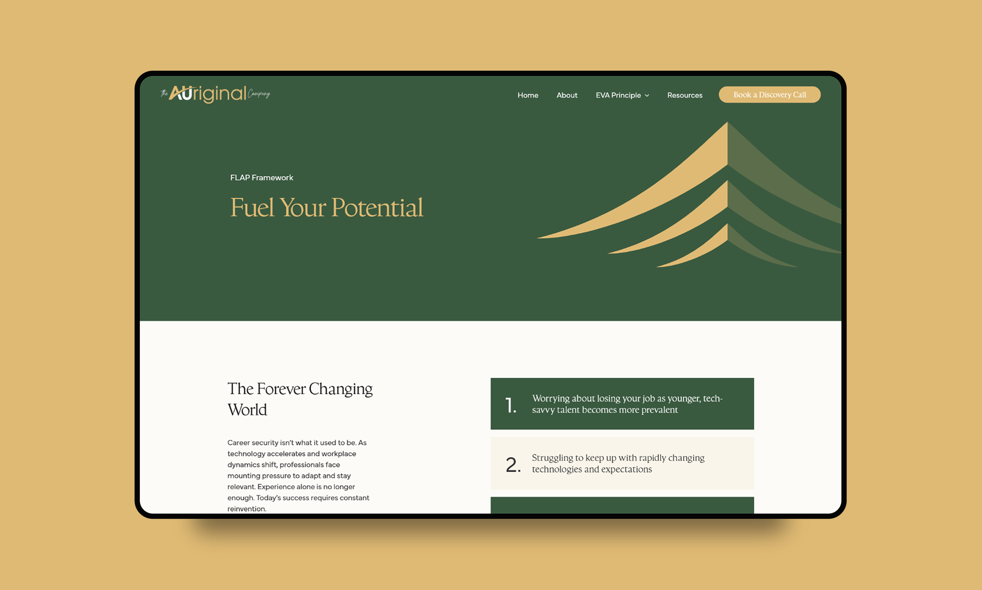 Modern minimalist web design interface displayed on a digital screen mockup.