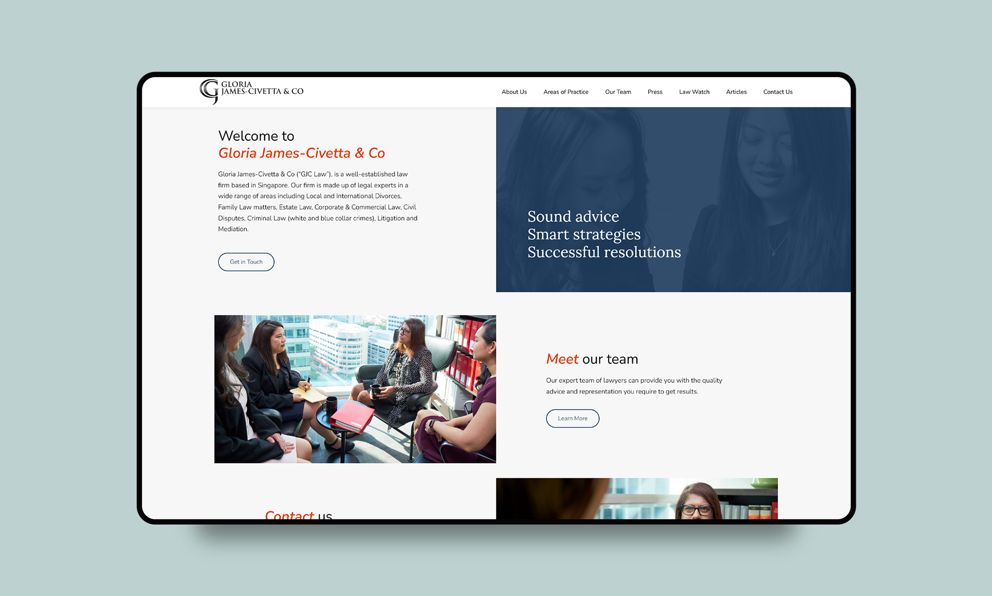 Modern web design interface for a Singapore law firm with sleek aesthetics